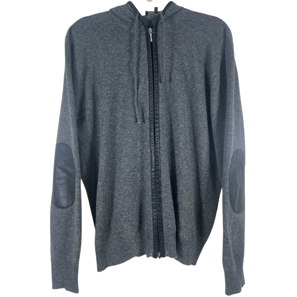 CANALI Italy 100% Cashmere FullZip Hoodie Leather Trim Elbow Patches EUC SIZE 52